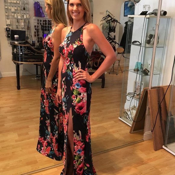 High Neck Floral Racerback Side Slit Mermaid Gown - Picture 2 of 4